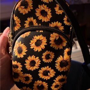Sunflower Patterned Black Mini Crossbody Bag